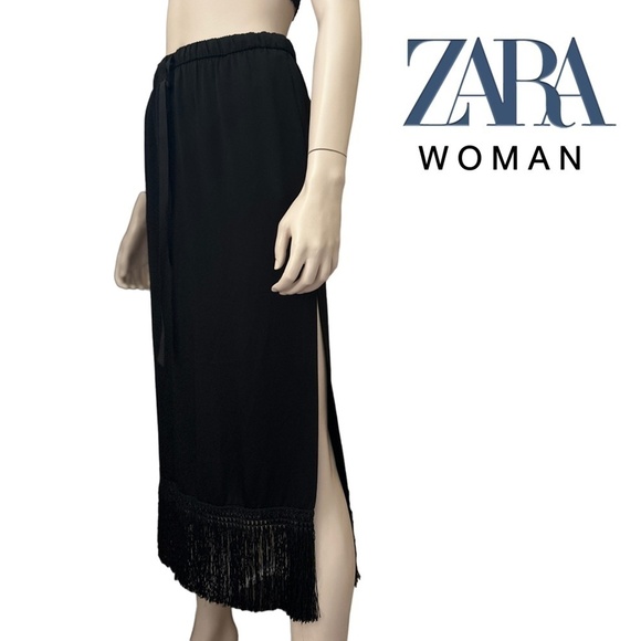 Zara Woman Black Satin Midi Skirt Fringe Tassel Hemline Pockets High Slit Leg - Picture 13 of 15